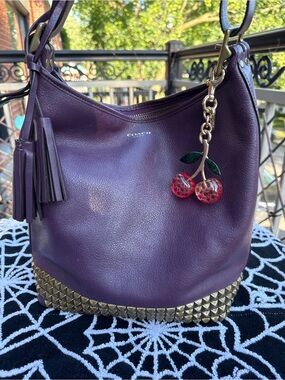 Coach Purple Leather Hobo Bag with Gold Studded Base and Cherry Charm